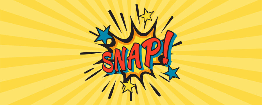 Comic book explosion bubble with SNAP! text on a yellow sunburst background. Bright retro pop art design element template for horizontal panoramic banners.