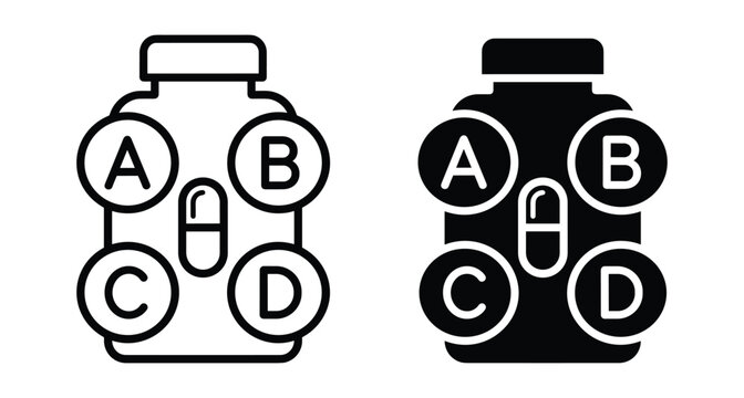 Vitamin bottle icon set with pill capsule and letters A B C D representing multivitamin supplements for health and wellness