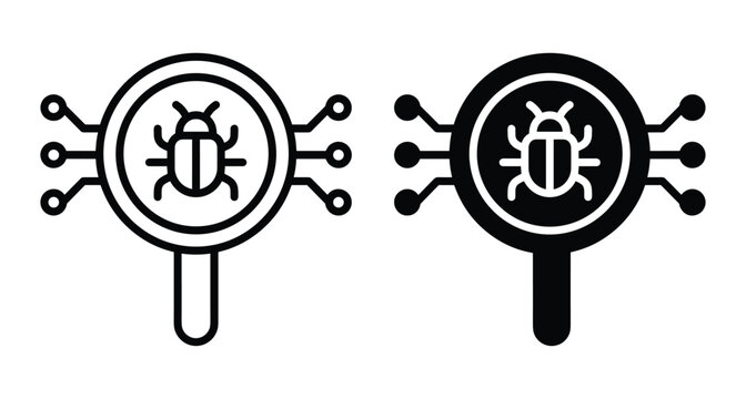 Software debugging icon set showing magnifying glass over bug with circuit lines for computer virus scanning and malware detection