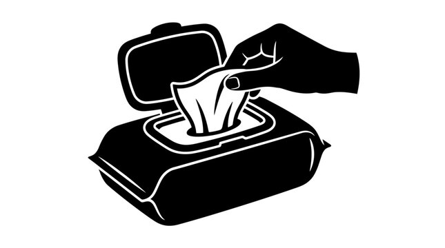Baby wipes container and hand black silhouette on white background