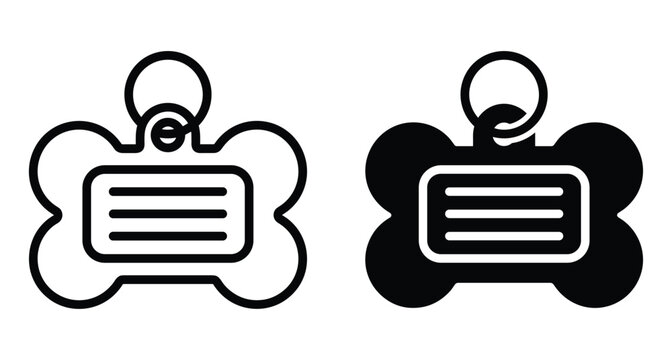 Bone shaped pet identification tag icons in outline and solid styles for dog collar nameplate accessory and animal safety equipment