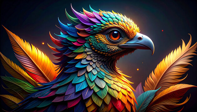 Vibrant fantasy bird portrait with colorful feathers and dramatic lighting