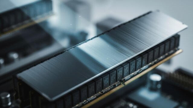 Macro view of modern computer memory ram sticks on a motherboard circuit