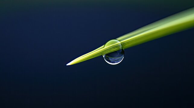 A single dewdrop clings precariously to the tip of a green blade