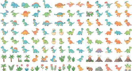 Large collection of cute cartoon dinosaur characters prehistoric palm trees erupting volcanoes and colorful prehistoric plants vector set © MdJamanur