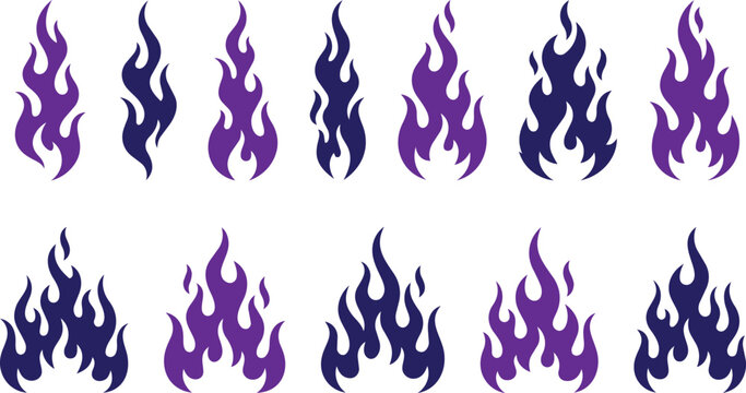 Set of purple fire flame silhouettes on white background for creative design elements and graphic effects with silhouette