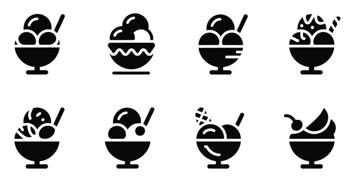 Ice cream sundae bowl dessert icon set black glyph vector graphic