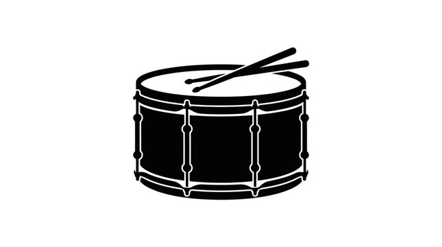 Black silhouette of a bass drum with drumsticks on a white background