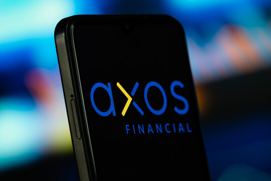 San Diego, United States- 8 July 2026: AXOS FINANCIAL logo is seen on a smartphone.