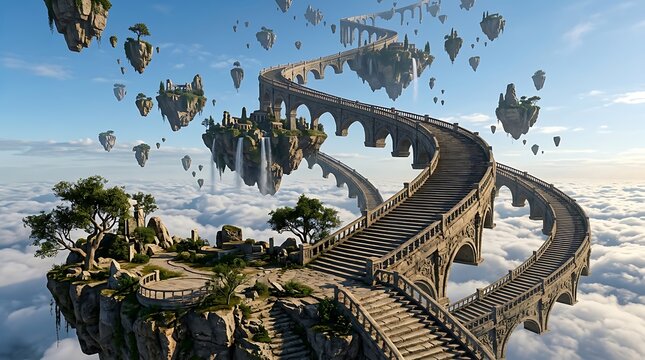 Endless Floating Stone Staircase Connecting Sky Islands Above a Sea of Clouds