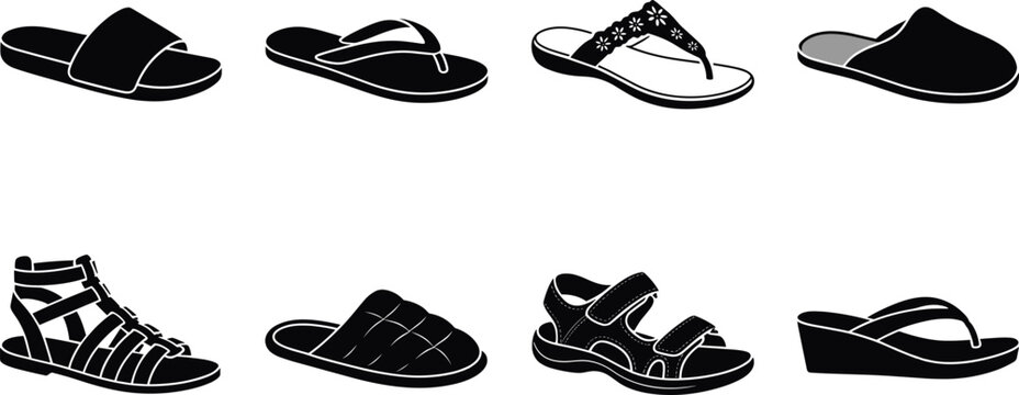 Set of flat vector black silhouette summer footwear icons featuring sandals flip flops and slippers