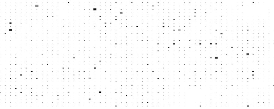 Abstract technology background with random black and grey pixel squares on a clean white backdrop. Monochromatic digital matrix data screen template for panoramic banners.
