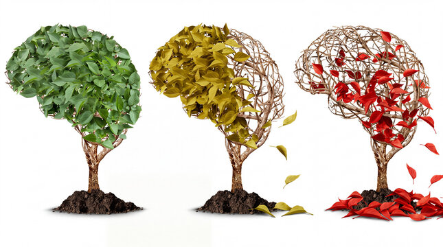 Three brain-shaped trees show a progression from lush green leaves to bare branches with falling red leaves, symbolizing aging and cognitive decline.