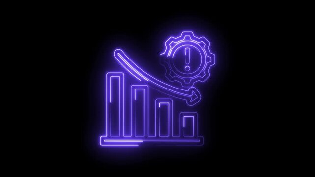 Neon glowing downward trending bar graph with alert gear icon and arrow indicating decline