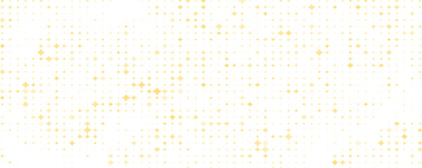 Abstract background with random glowing golden yellow sparkle stars on a clean white backdrop. Elegant magic stardust halftone glitter template for panoramic banners. © SOFBOYY23