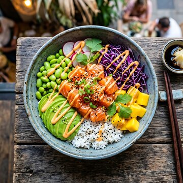 Colorful Salmon Poke Bowl with Fresh Raw Salmon Avocado Edamame Mango and Spicy Mayo