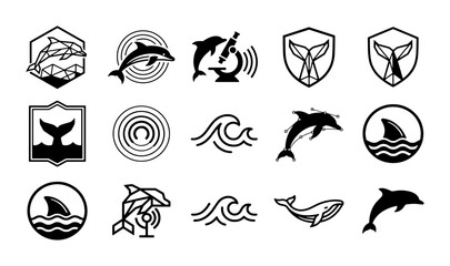 Minimalist marine life icons, set of 15 black and white dolphin and whale vector logos, ocean research and sea conservation branding elements © RiYad