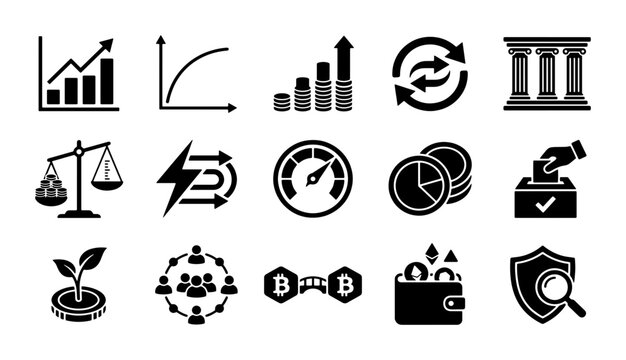 Financial icons set with 15 black vector symbols, business growth charts and cryptocurrency wallet graphics, banking and investment line art