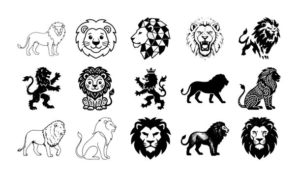 Lion head and silhouette vector icons, 15 black and white animal logo elements, majestic wild cat mascot set for branding and heraldry