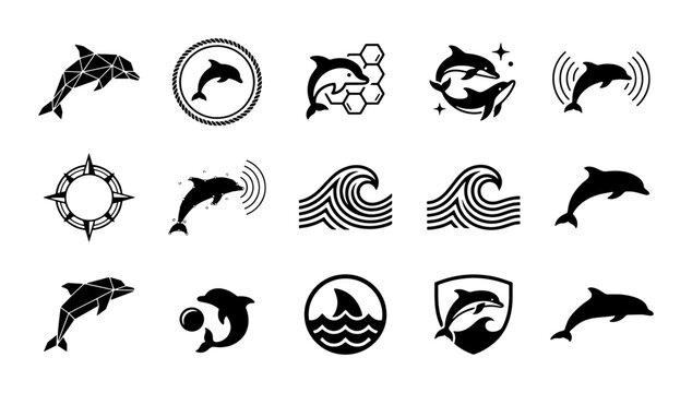 Dolphin icon set with 15 black vector silhouettes, minimalist marine animal logo collection, aquatic mammal symbols for ocean conservation branding