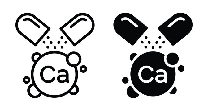 Calcium supplement icon set showing open capsule pill pouring mineral powder into circle with Ca chemical symbol for health nutrition