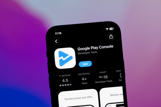 Mountain View, United States- 11 July 2026: App Store page of the Google Play Console app is seen on a smartphone screen.