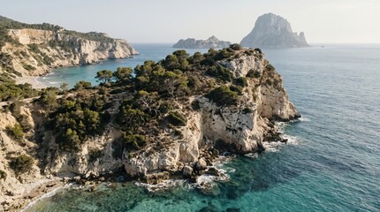 Naklejka premium Aerial view of rocky cliffs and turquoise sea in Ibiza. Sunny Mediterranean landscape featuring the iconic Es Vedra rock. Ideal for travel and tourism promotion.