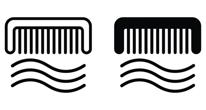 Hair comb icon set with wavy hair lines for grooming salon barber shop styling tools and personal care equipment symbols