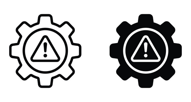 Gear icon with warning triangle exclamation mark symbol for system error maintenance alert technical problem configuration issue settings notification sign graphic