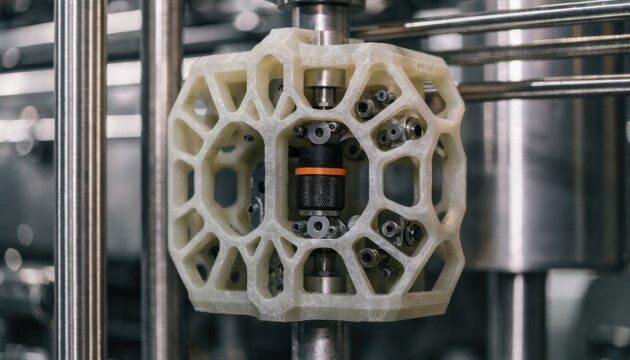 Closeup medium shot of a polymer 3Dprinted jig precisely aligning mechanical parts on an assembly line showcasing lightweight and customizable tooling solutions.
