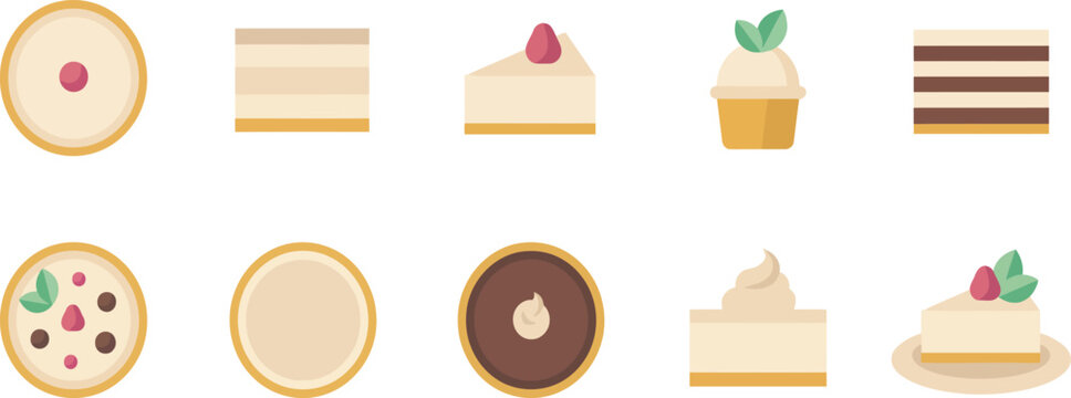 Collection of delicious dessert icons featuring cakes, cheesecakes, pastries, and sweet treats in flat vector style.