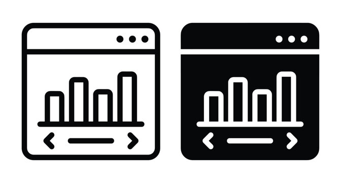 Web browser window with bar chart analytics dashboard icon set for business data visualization reporting software interface and digital marketing