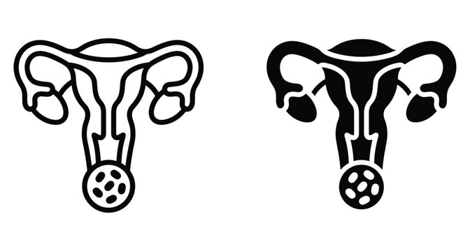 Female reproductive system icons showing uterus fallopian tubes and ovaries in outline and solid black styles for medical healthcare education anatomy