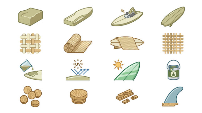 Set of Icons Illustrating Surfboard Manufacturing Process and Materials.