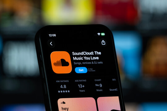 San Francisco, United States - 11 July 2026: App Store page of the SoundCloud app is seen on a smartphone screen.