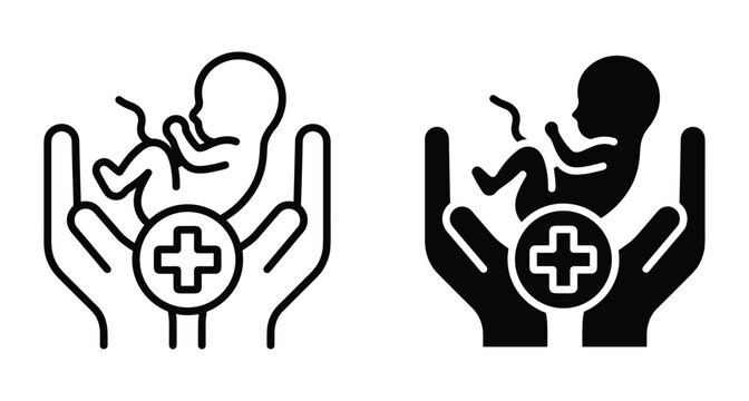 Fetus in hands with medical cross icon representing prenatal care pregnancy health maternity support neonatal medicine and infant wellness services