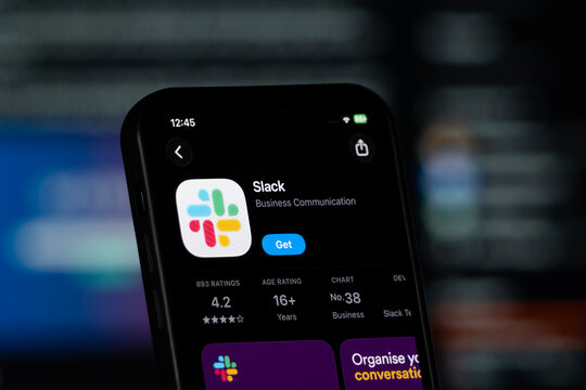 San Francisco, United States - 11 July 2026: App Store page of the Slack app is seen on a smartphone screen.
