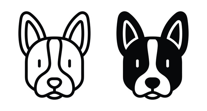 French bulldog head icon set featuring line art and solid glyph styles for pet shop logo animal care and branding