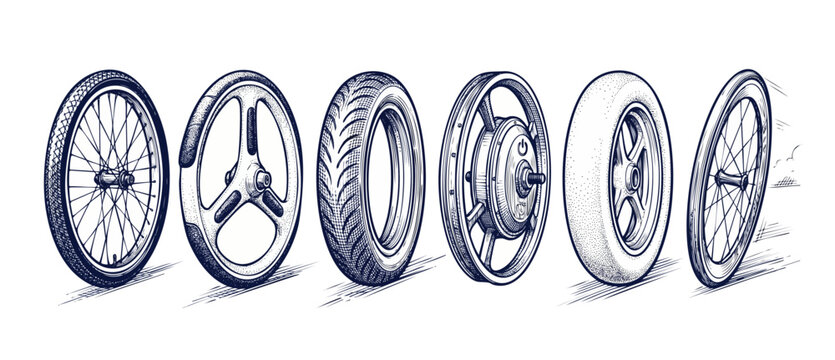 Various wheel types hand drawn sketch rolling forward showing transportation evolution featuring spoked bicycle tire motorcycle tread electric hub motor and racing rims in vintage engraved line art.