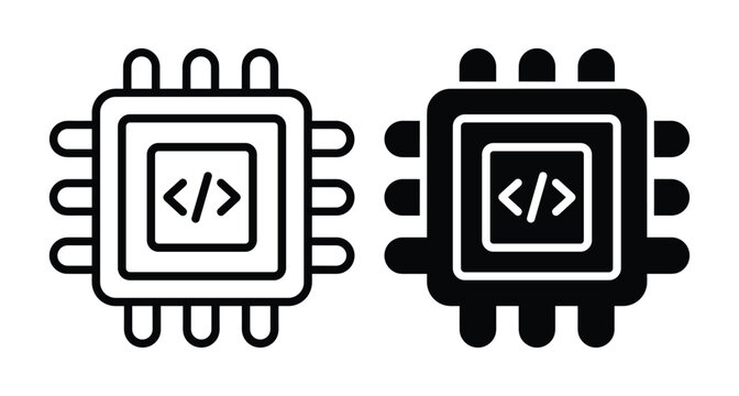 Computer chip processor icon set with coding symbol representing hardware programming software development electronic circuit microchip technology digital engineering system