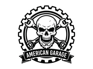 Fototapeta premium American garage skull inside gear and wrench badge