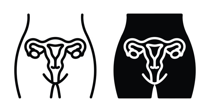 Female reproductive system icons showing uterus ovaries and fallopian tubes inside woman body silhouette in line and solid glyph style