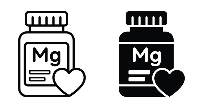 Magnesium supplement bottle icon set with heart symbol for cardiovascular health mineral vitamins nutrition wellness medical care dietary pills container