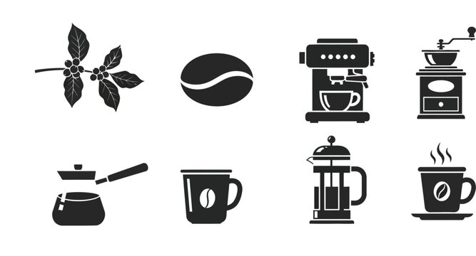 Black and white icons depicting coffee beans brewing methods and served drinks