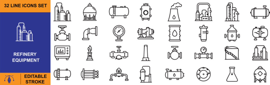 Refinery Equipment Vector Outline Icons Set Industrial Oil Gas Line Symbols