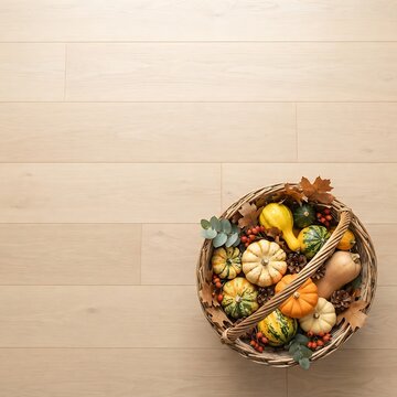 Minimalist Harvest Basket with Pumpkins and Seasonal Gourds on Light Wooden Floor with Copy Space