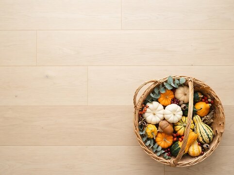 Minimalist Harvest Basket with Pumpkins and Seasonal Gourds on Light Wooden Floor with Copy Space