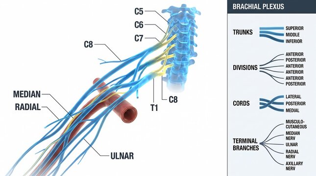 Medical illustration of human brachial plexus nerves with anatomical labels, brachial