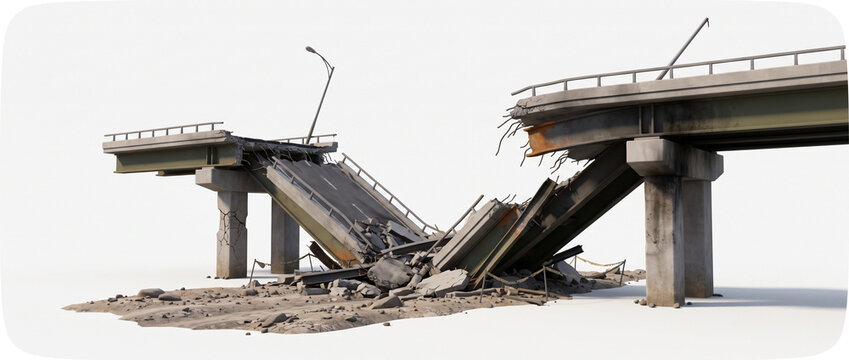 Damaged concrete bridge with collapsed sections and debris on ground  