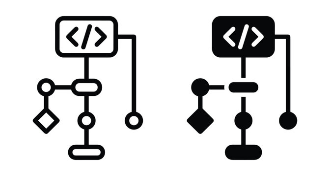 Coding algorithm flowchart icon set representing software development logic programming script workflow data structure automation process web engineering technical diagram
